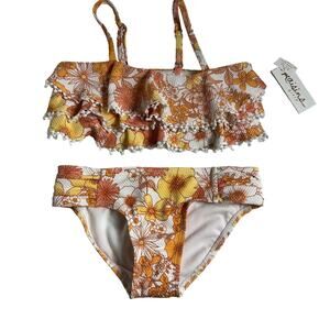 Raisins Girls Orange Floral Print Turtle Bay Set Two Piece Swimsuit Size 7 NWT